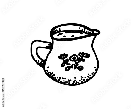 Hand-drawn ceramic jug with floral pattern. Vintage black and white kitchenware illustration.