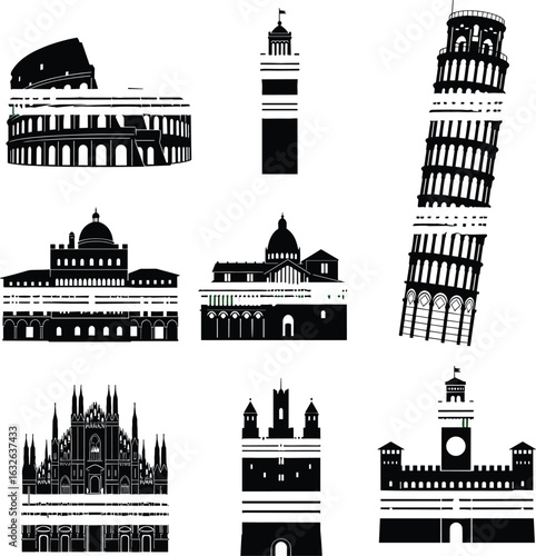 PrintvItalian architecture landmarks, Colosseum silhouette, Pisa tower illustration, Milan Cathedral vector, Vatican artwork, heritage travel icon, famous building.