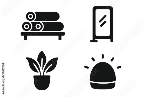 Yoga Studio Elements Vector Icons Set. Solid Filled Icons of Yoga Mat Rack, Standing Floor Mirror, Indoor Plant Pot, Calming Light Lamp. Modern Relaxation Meditation Spa Decor Symbols Isolated