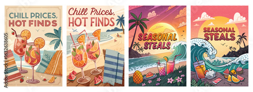 Set of four posters featuring vibrant summer cocktails tropical landscapes and ocean waves