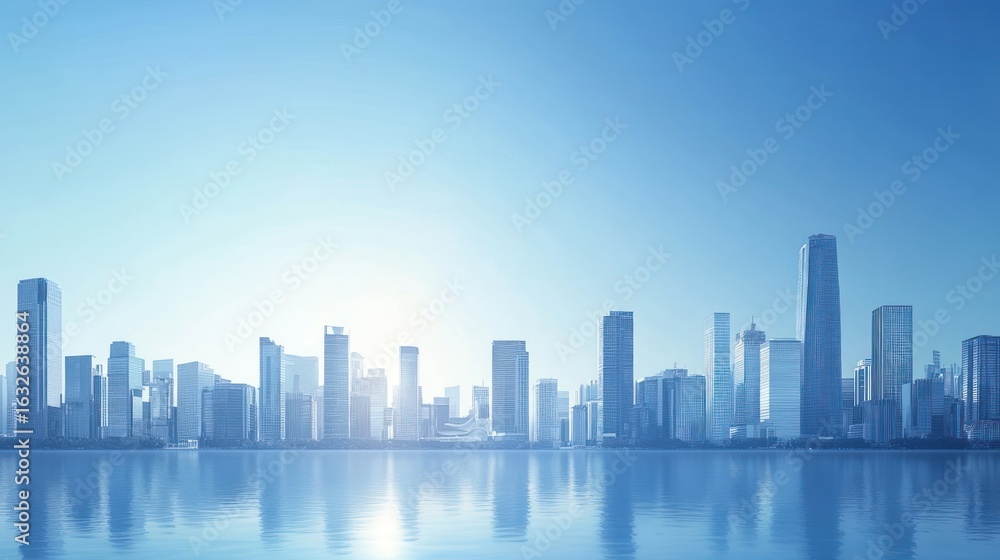 Fototapeta premium A serene city skyline reflecting on water under a clear blue sky.