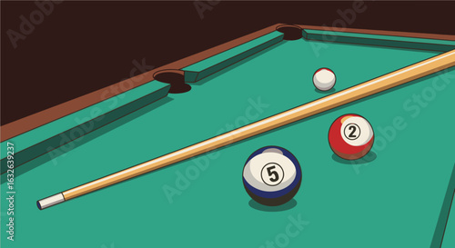 Illustration of a billiard table with a cue stick and several balls, including the 5-ball and 2-ball, positioned for a shot.