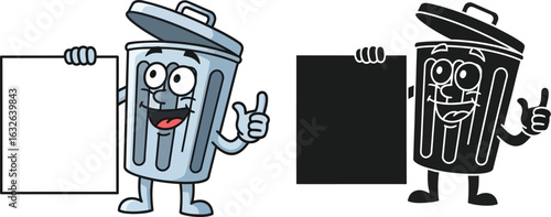 Cartoon trash can mascot holding sign trash garbage recycle