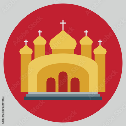 Geometric Orthodox Church Icon in Red Circle Simple Religious Symbolism and Stylized Architectural Design for Spiritual and Cultural Representation