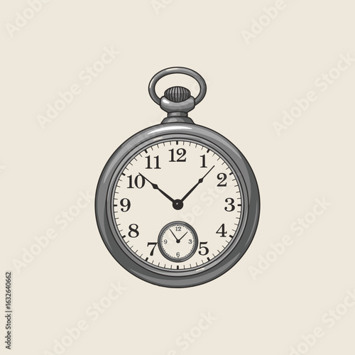 Illustration of a silver pocket watch with a white face, black numerals, and hands indicating the time.