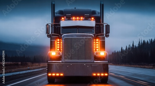 A powerful black semi-truck speeds down the highway, its lights blazing brightly at dusk.