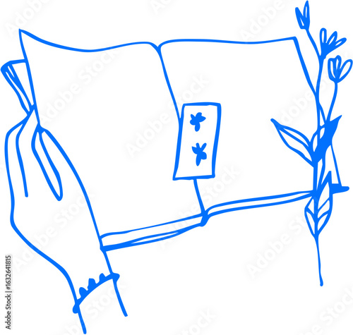 Sketch of hands holding an open book, emphasizing engagement with reading or studying. Simple line drawing ideal for educational or literary themes.