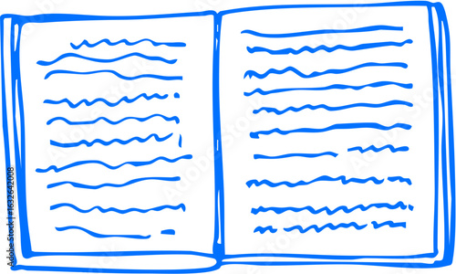 Open book with detailed visible text on both pages, drawn in line art style, symbolizing storytelling or educational content.