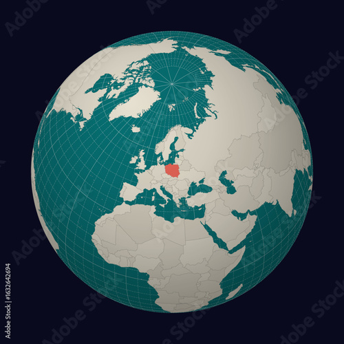 Poland on the map. Globe centered to Poland. Country location on the world map. Teal Pale Mint color palette. Globe with countries, meridians and parallels. Neat vector illustration.