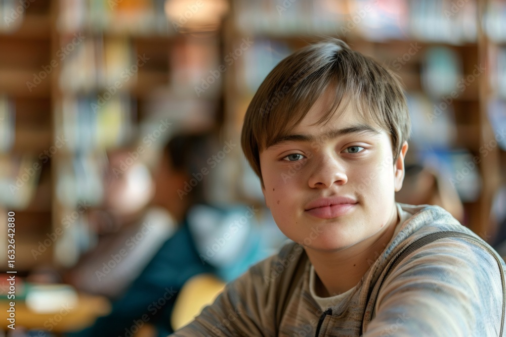 Portrait of teenager student with autism in library Portrait of teenager student with autism in library