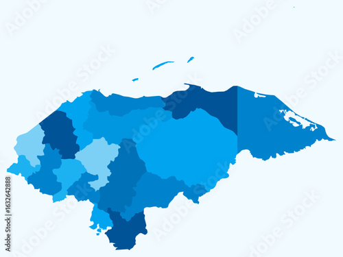 Map of Honduras with regions. Just a simple country border map with region division. Light blue color palette. Blank Republic of Honduras shape with administrative division. Vector illustration.