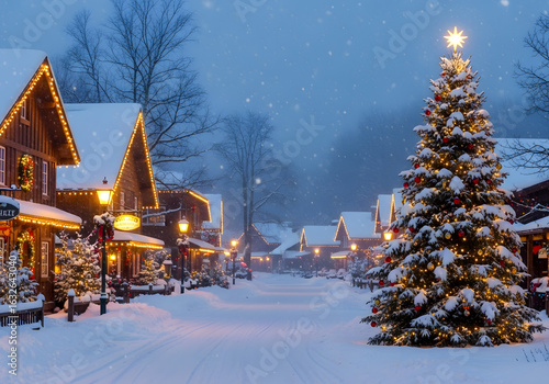 Enchanting snowy village street scene at dusk with a decorated christmas tree and warmly lit buildings