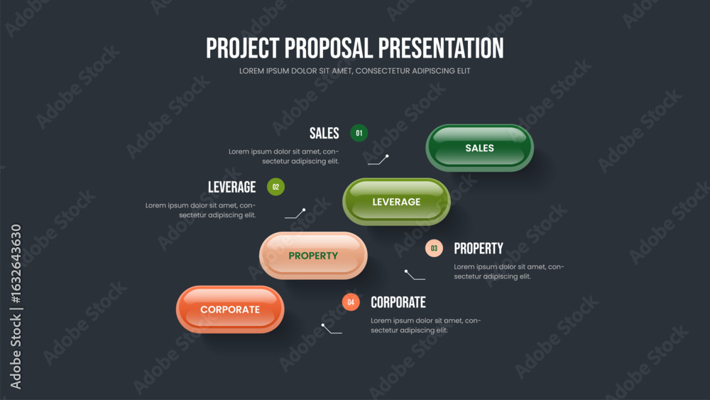 Obraz premium Modern Portfolio Slideshow Layout Vector Illustration. Advertising Campaign 4 Element Diagram Slide Template. Financial Introduction Four Option Infographic Presentation Design.