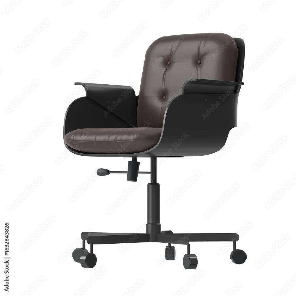 Fototapeta premium Modern Office Chair, Black Plastic Shell, Brown Leather Cushion, Angled Perspective 3D Render