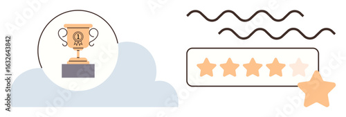 Gold trophy on pedestal atop a cloud next to a star rating bar with 4 filled stars and one unfilled. Ideal for success, achievement, recognition, quality, feedback, goal setting, ranking. Simple flat