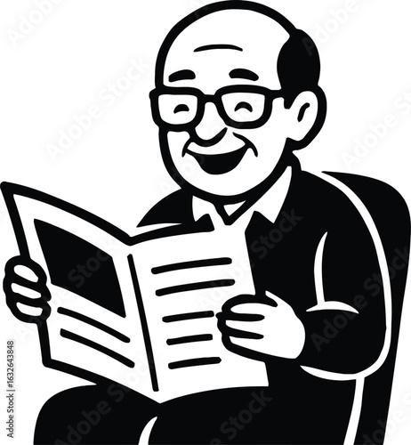 Black and White Silhouette Illustration of a Seated Person Reading a Newspaper — Featuring Simplified Lines, Visible Text Sections, and a Cartoon-Like Style Capturing a Moment 