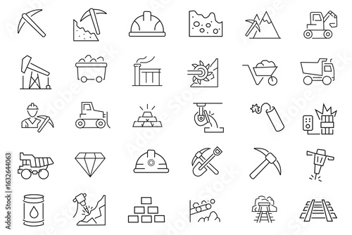 Set of mining icons. Mining web icons in line style.  Set of pickaxe, pick, iron ore trolley, miner helmet, Tent, mineral, ingot, coal trolley, digging, quarry dump truck vector  illustration .