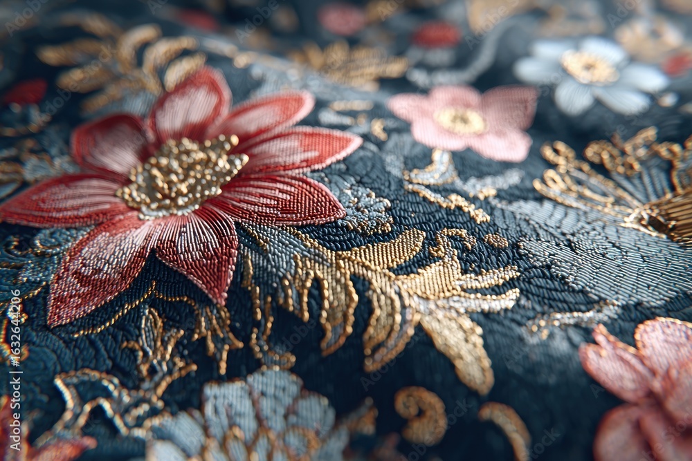 Obraz premium Detailed close-up of ornate fabric with flowers