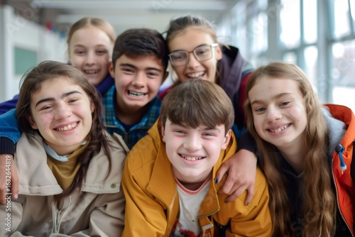 Group of teenagers students with down syndrome and autism smiling together