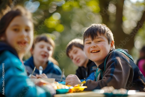 Teenager with down syndrome smiling while eating with friends outdoors