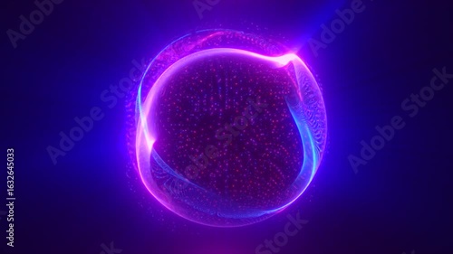 Futuristic glowing orb with bright violet and pink arcs forming a dynamic digital structure over a dark blue background