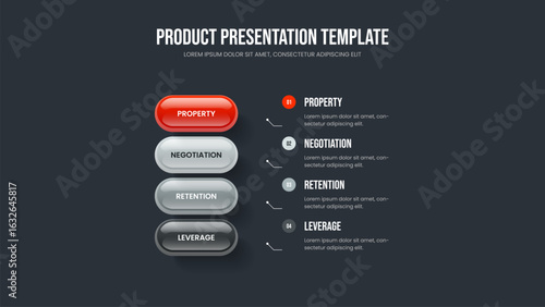 Professional Growth Four Element Infographic Frame Layout. Business Profile Slide Template Vector Illustration. Project Insight 4 Step Diagram Slideshow Design.