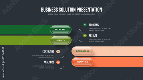 Enterprise Briefing 4 Option Infographic Slideshow Design. Professional Solution Slide Layout Vector Illustration. Company Performance Four Element Diagram Frame Template.