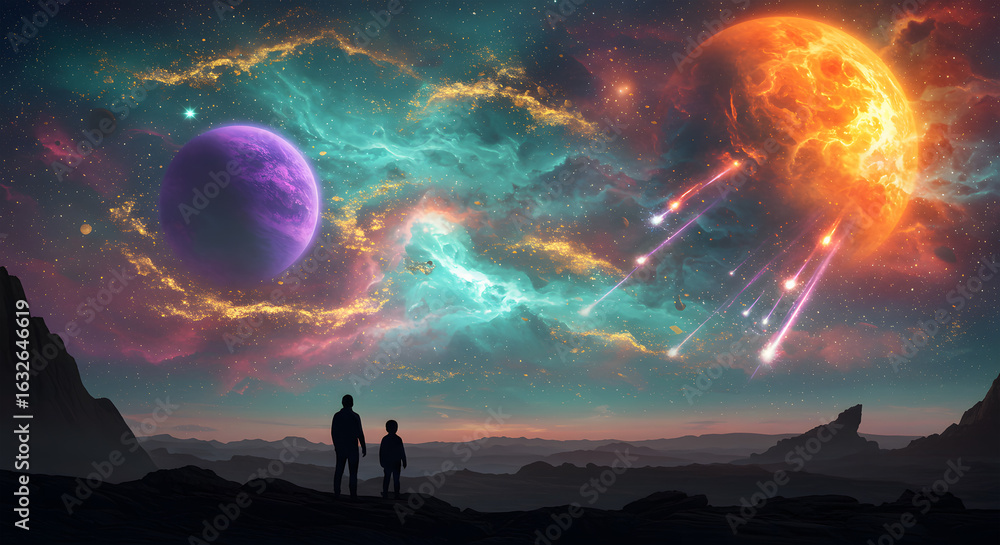 Fototapeta premium Two figures gaze at a vibrant nebula and distant planets