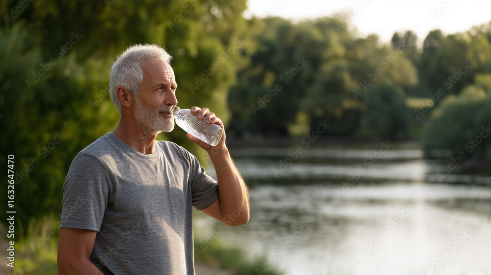 Fototapeta premium Refreshing Water Break for a Senior Sportsman by the River