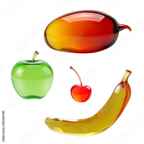 Glass fruit collection illustration. Transparent fruit icons design glossy look. Food drinks health nutrition diet designs. Realistic style white background vector