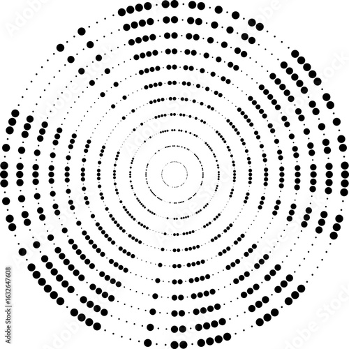 Circular vector with evenly spaced rays of dotted lines gradually widening outward.
