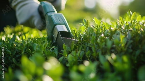 A close-up of a person using a garden tool to trim lush green hedges.