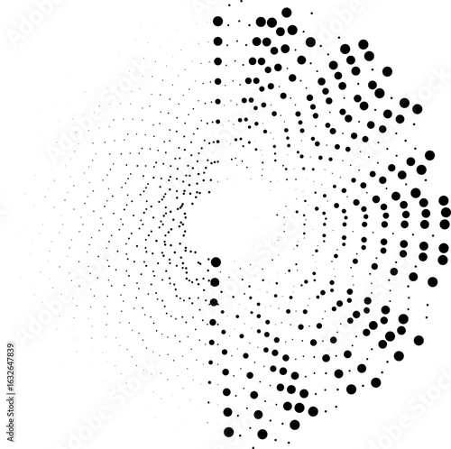 Irregular dotted rays arranged inside and outside a circular form with a small hollow central area.