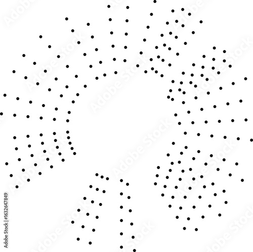 Irregular dotted rays arranged around a circular form and tapering toward a hollow central space.