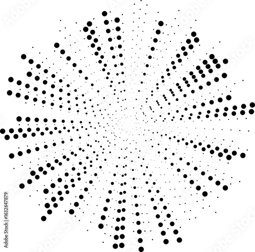 Circular design with long, irregular dotted rays extending outward from a hollow center.