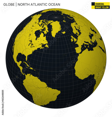 Vector Globe centered to North Atlantic Ocean. Charcoal Bright Yellow palette. World map with meridians, parallels, countries, rivers and lakes. Appealing vector illustration.