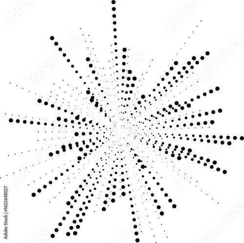 Irregular dotted rays radiating outward from the center in an explosive circular configuration.