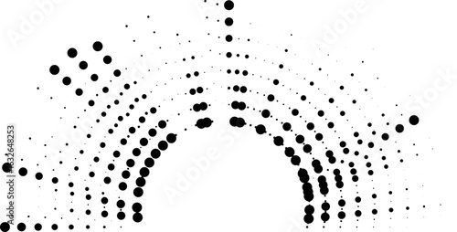Irregular dotted rays arranged in a semicircular radial structure with a hollow circular center.