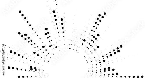Semicircular design with long irregular dotted rays arranged in a radial pattern around a circular center space.