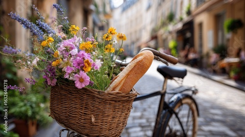 Fototapeta Naklejka Na Ścianę i Meble -  Floral basket bike in Parisian street