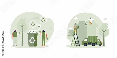 People recycling and a truck collecting waste for a cleaner environment