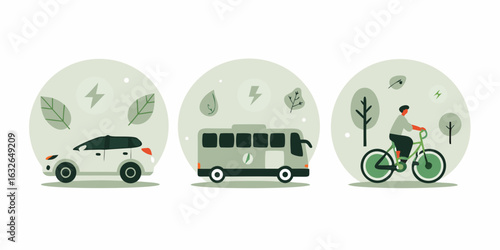 Eco friendly transportation options including electric car bus and bicycle
