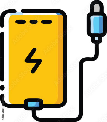 Yellow portable power bank with a lightning bolt icon and an attached charging cable.