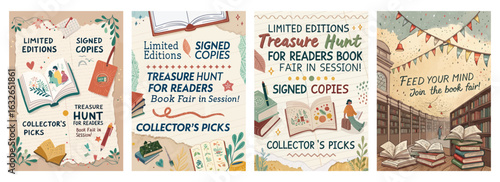 Set of four vibrant book fair posters featuring open books and whimsical designs for readers