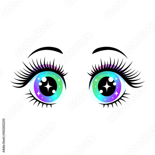 Kawaii eyes with long lashes, featuring sparkling starry pupils and a stunning colorful gradient
