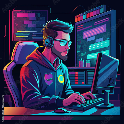 Young man wearing headphones and glasses works on a computer in a neon lit room