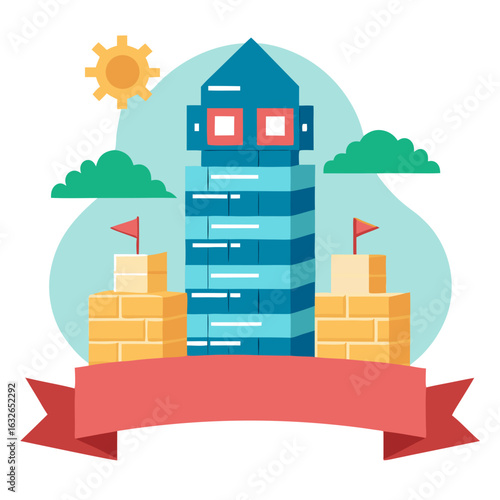 Giant block tower game with castle elements and sunny sky