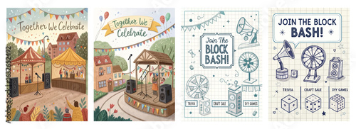 Set of four posters featuring vibrant block party scenes with music, crafts, and games