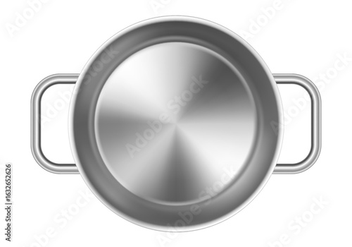 Stainless steel saucepan. Top view. Vector 3d clipart isolated on white background.