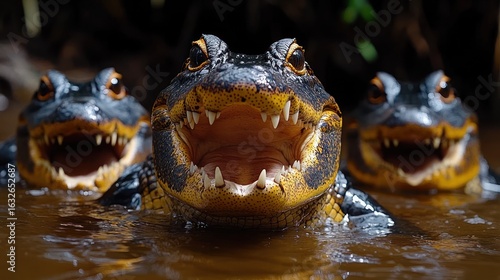 Three crocodiles in a row, mouths open, in water